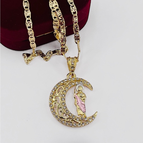 St. Jude Pendant with 18k Gold Necklace, White CZ Stones - Picture 2 of 6